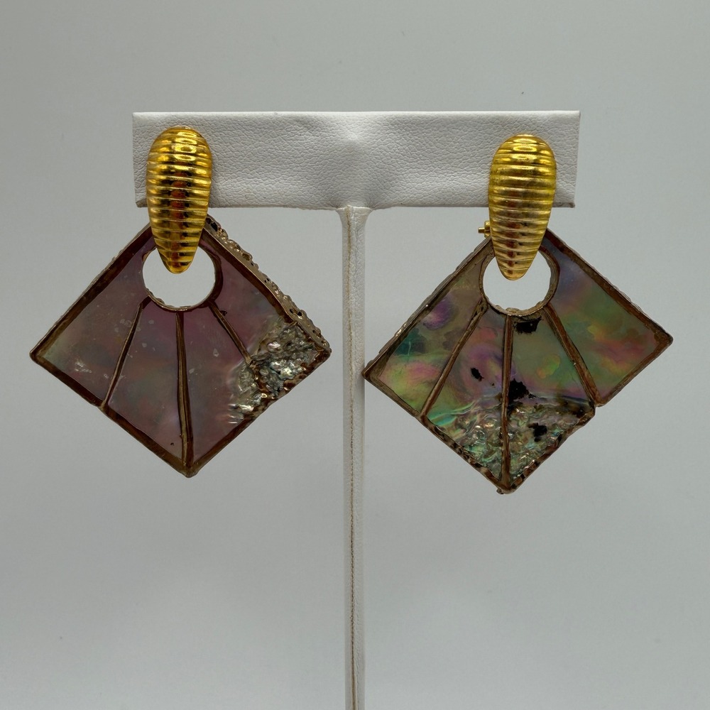 Artisan‎ Abalone Shell Geometric Drop Earrings Gold Tone Organic Texture Mature
